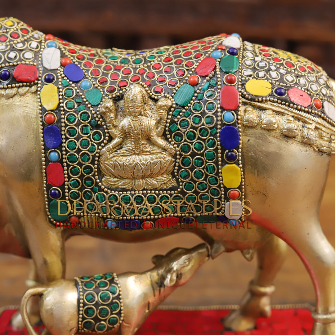 Brass Kamdhenu Cow, Feeding His calf, Golden and Stone work 9.5"