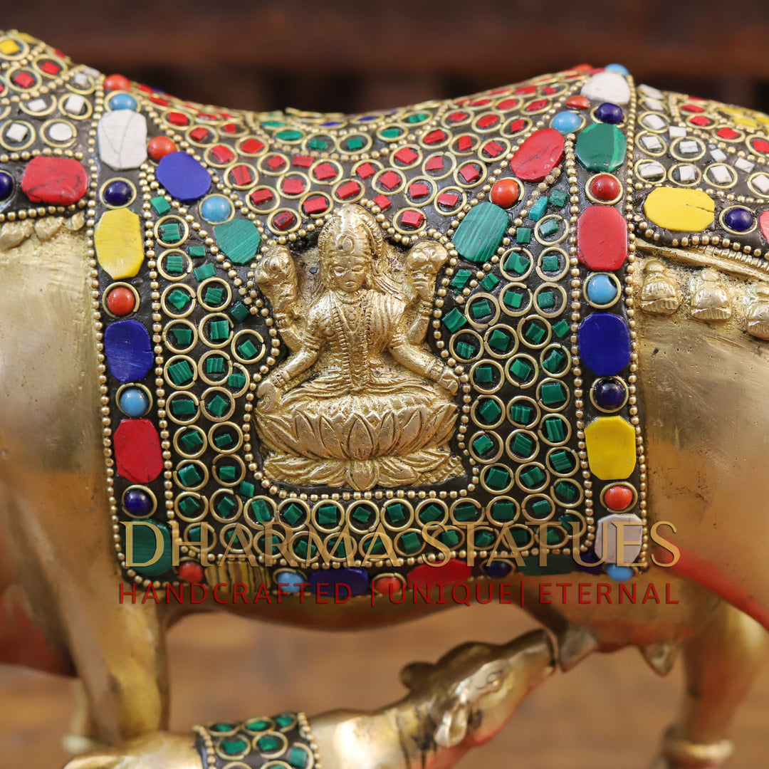 Brass Kamdhenu Cow, Feeding His calf, Golden and Stone work 9.5"