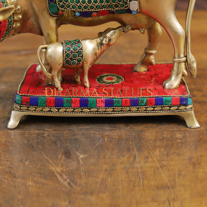 Brass Kamdhenu Cow with Lakshmi's Divine Presence, Golden Finish with Stone work, 9.5"