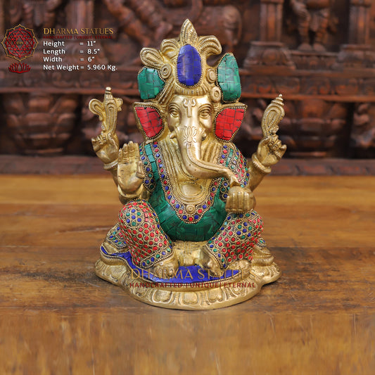 Brass Ganesh Seated With Crown, Golden and Stone work 11"