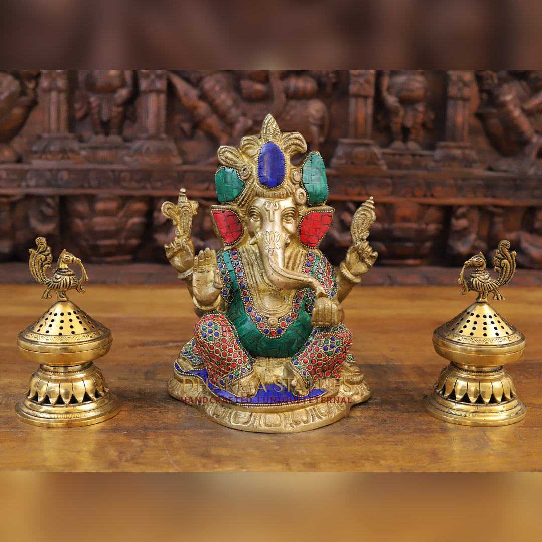 Brass Ganesh Seated With Crown, Golden and Stone work 11"