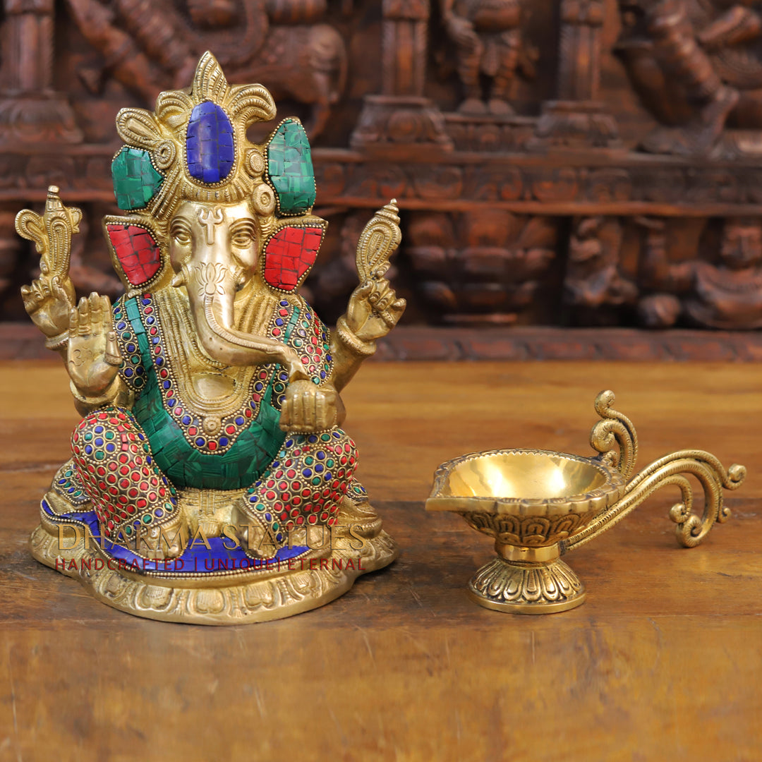 Brass Ganesh Seated With Crown, Golden and Stone work 11"