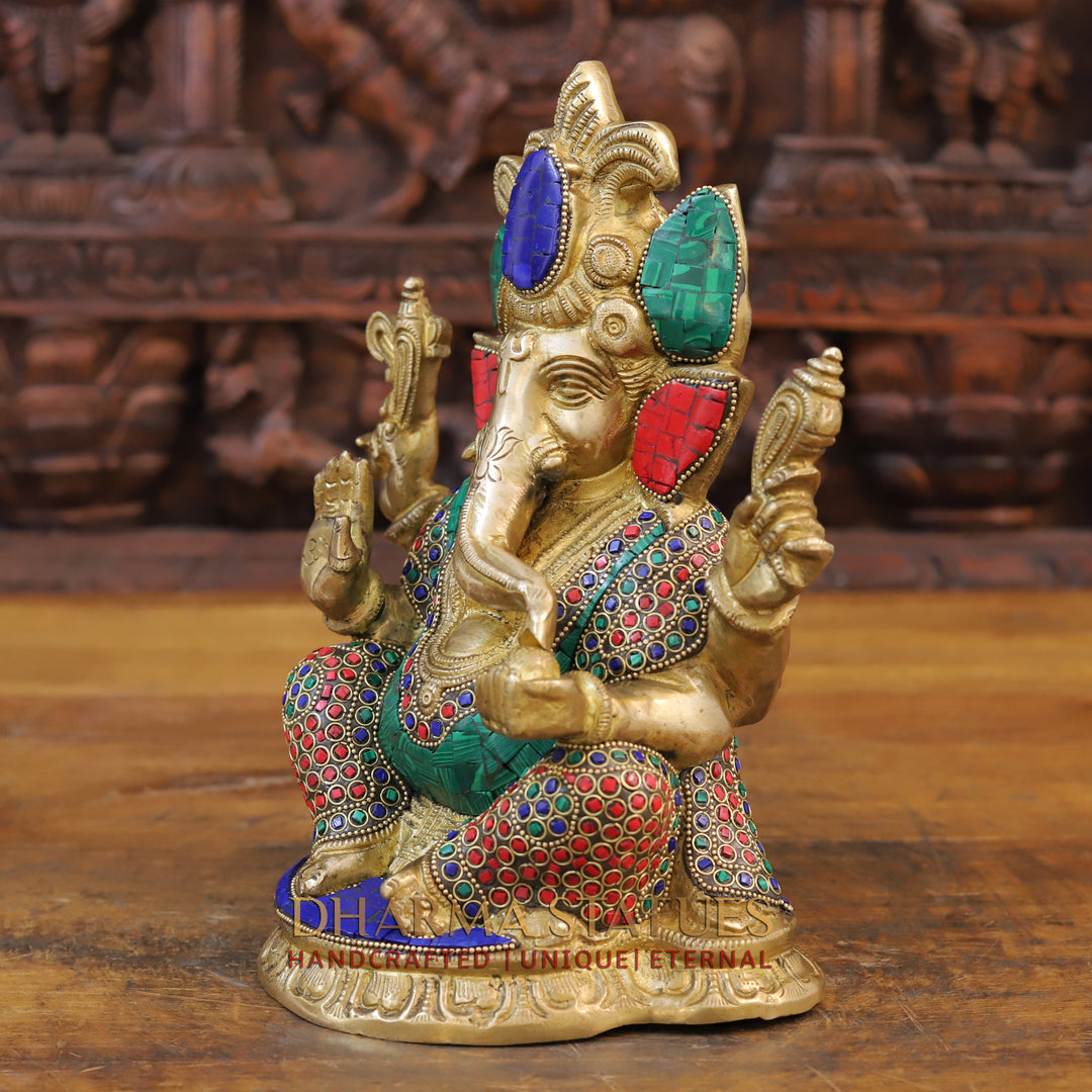 Brass Ganesh Seated With Crown, Golden and Stone work 11"