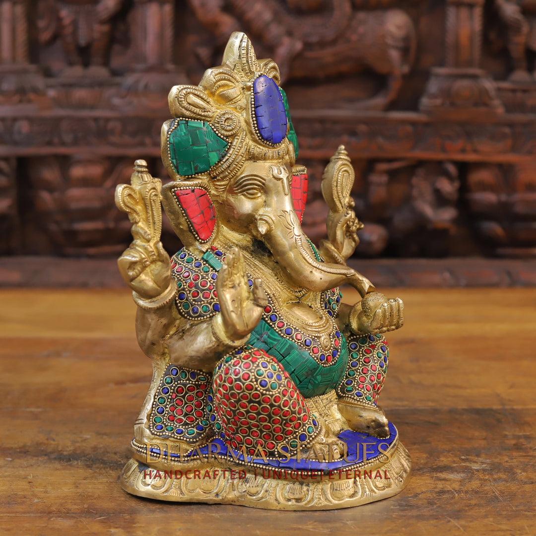 Brass Ganesh Seated With Crown, Golden and Stone work 11"