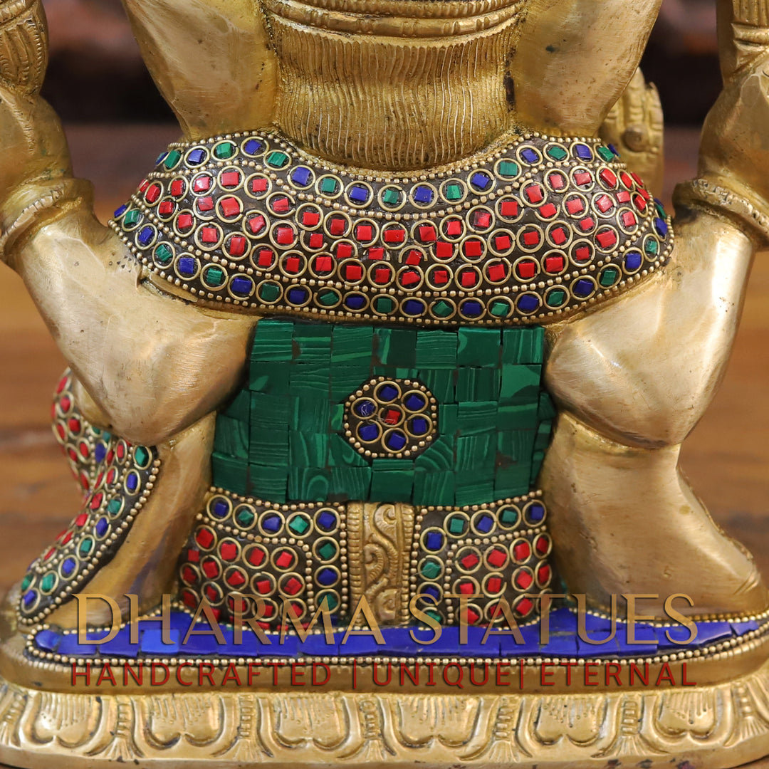 Brass Ganesh Seated With Crown, Golden and Stone work 11"