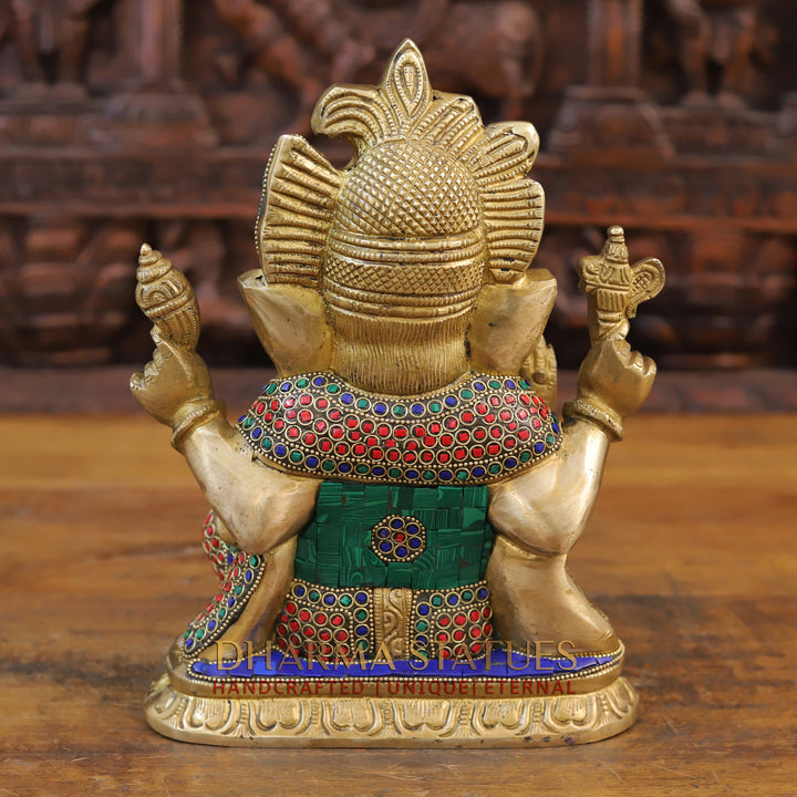 Brass Ganesh Seated With Crown, Golden and Stone work 11"