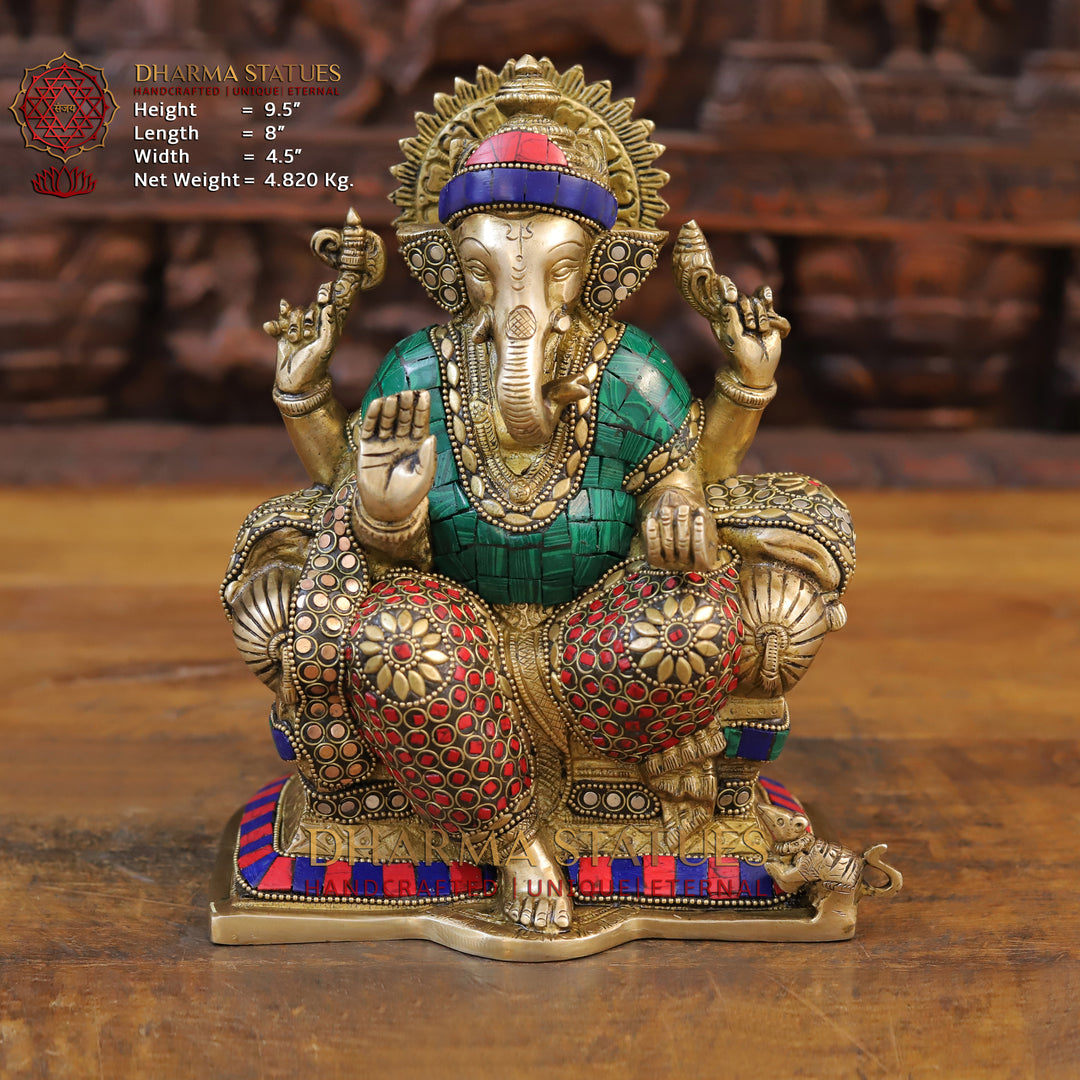 Brass Ganesh Sculpture, Blessing Posture, Golden and Stone work 9.5" Front View