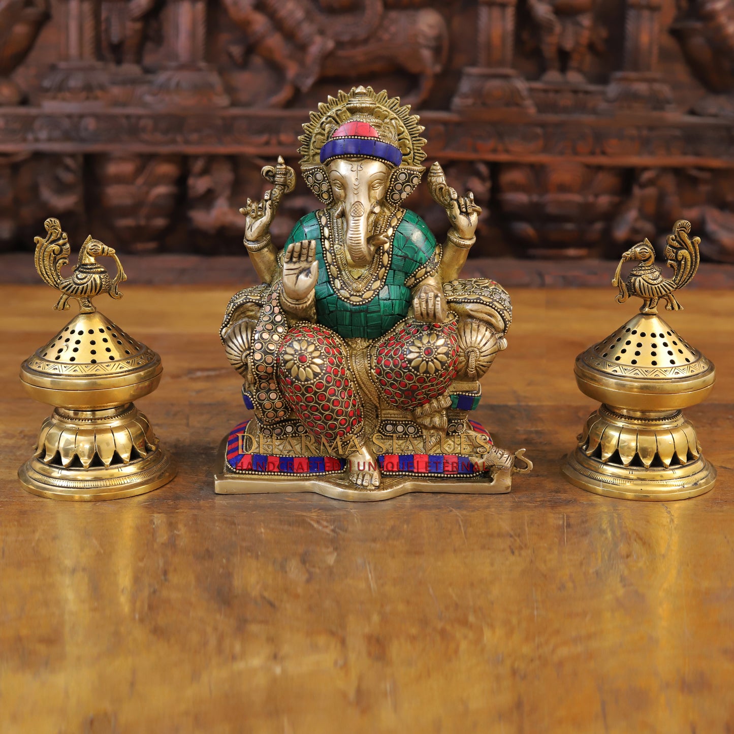 Brass Ganesh Sculpture, Blessing Posture, Golden and Stone work 9.5"