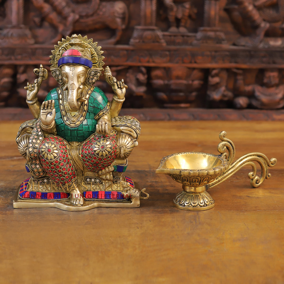 Brass Ganesh Sculpture, Blessing Posture, Golden and Stone work 9.5"