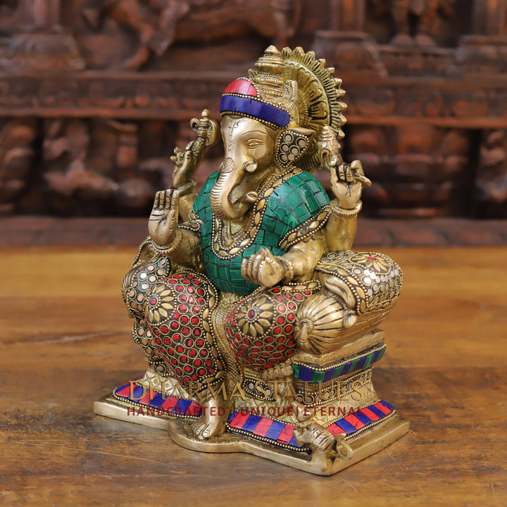 Brass Ganesh Sculpture, Blessing Posture, Golden and Stone work 9.5"