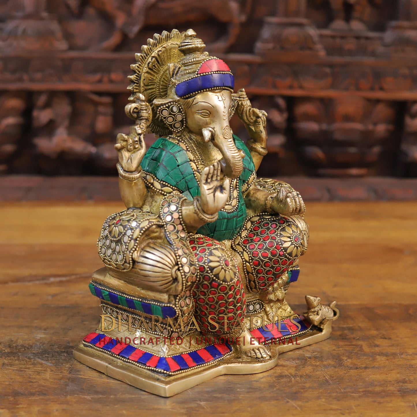 Brass Ganesh Sculpture, Blessing Posture, Golden and Stone work 9.5"