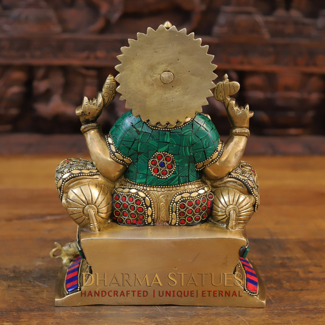 Brass Ganesh Sculpture, Blessing Posture, Golden and Stone work 9.5"