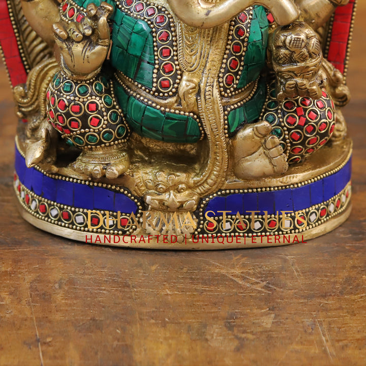 Brass Ganesh Statue, Seated on a Chowki, Stone and Golden Work 8.5"