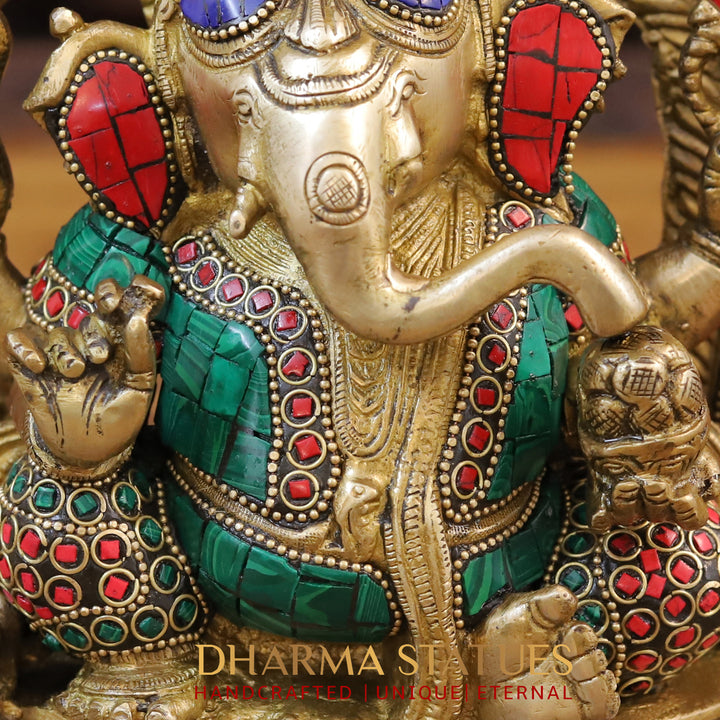 Brass Ganesh Statue, Seated on a Chowki, Stone and Golden Work 8.5"