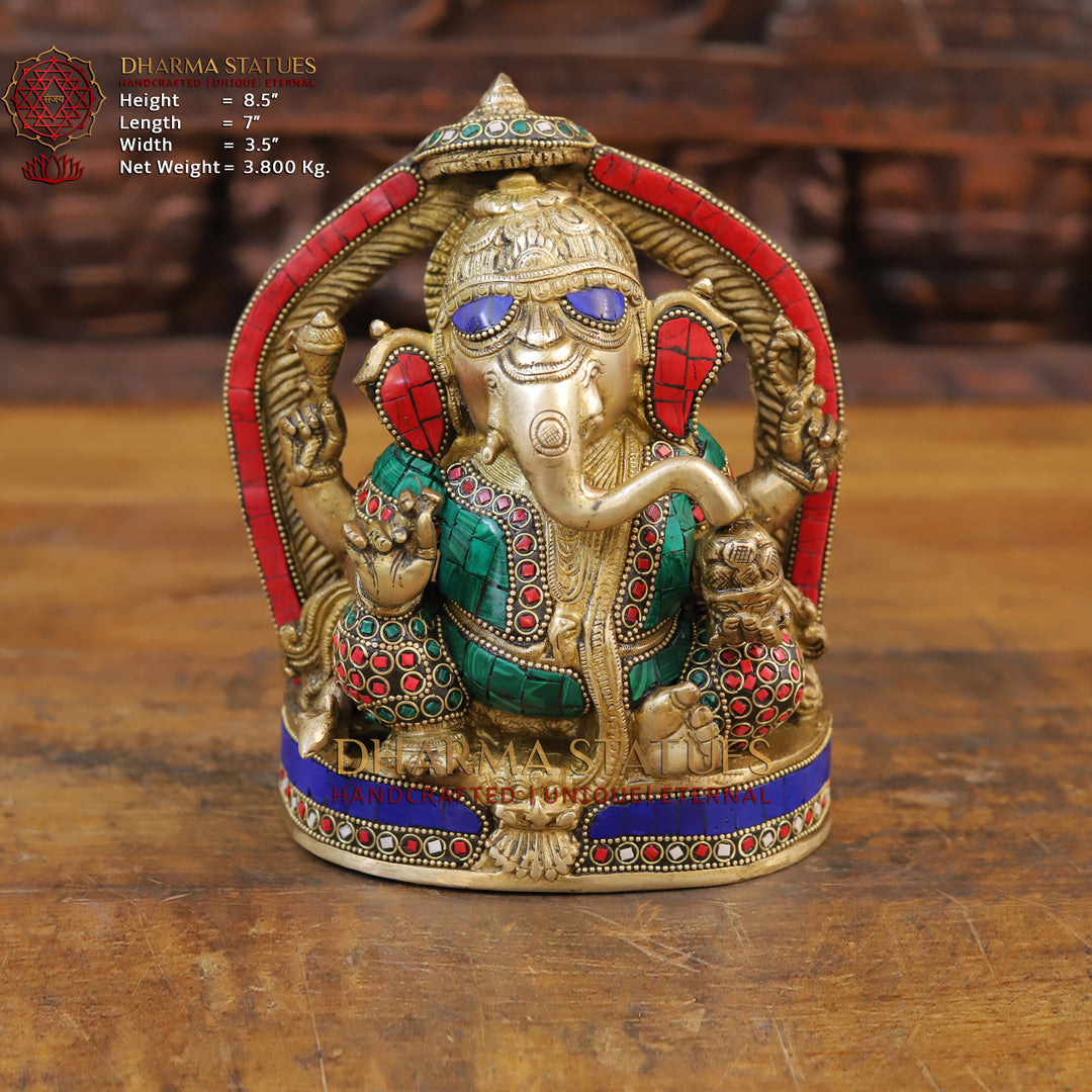 Brass Ganesh Statue, Seated on a Chowki, Stone and Golden Work 8.5" Front View