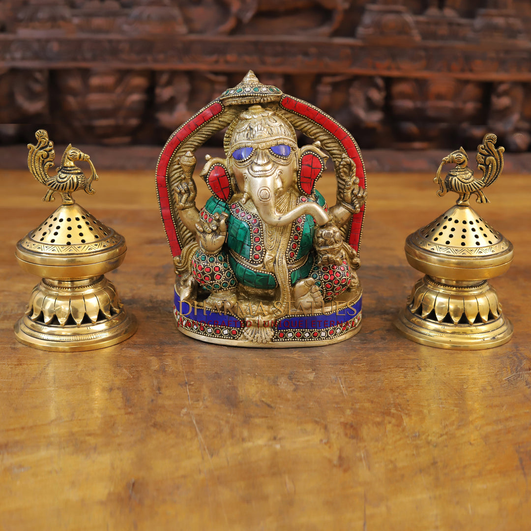 Brass Ganesh Statue, Seated on a Chowki, Stone and Golden Work 8.5"