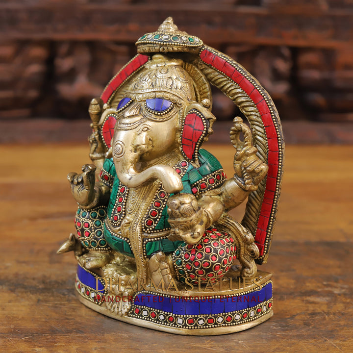 Brass Ganesh Statue, Seated on a Chowki, Stone and Golden Work 8.5"