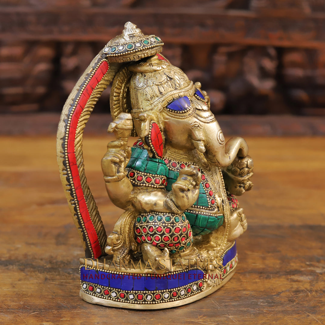 Brass Ganesh Statue, Seated on a Chowki, Stone and Golden Work 8.5"