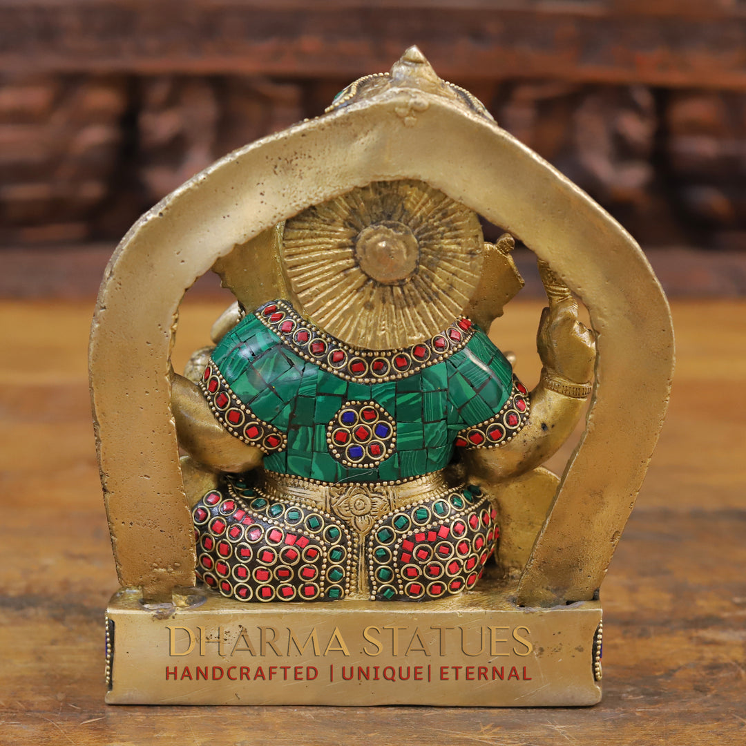 Brass Ganesh Statue, Seated on a Chowki, Stone and Golden Work 8.5"