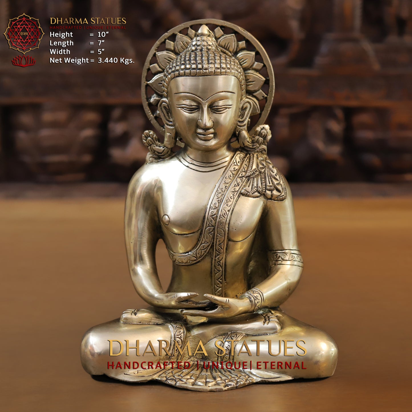 Brass Tibetan Buddha Seated, Golden Finish, 10"