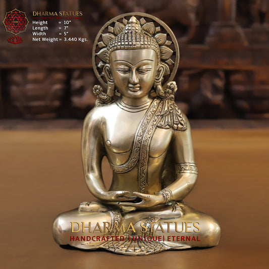 Brass Tibetan Buddha Seated, Golden Finish, 10"