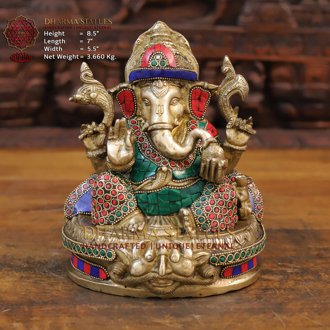 Brass Ganesh Statue, Seated in a Blessing Posture, Golden & Stone work 8.5" Front View