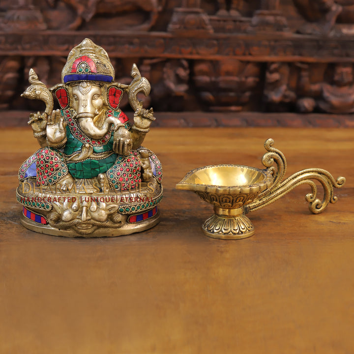 Brass Ganesh Statue, Seated in a Blessing Posture, Golden & Stone work 8.5"