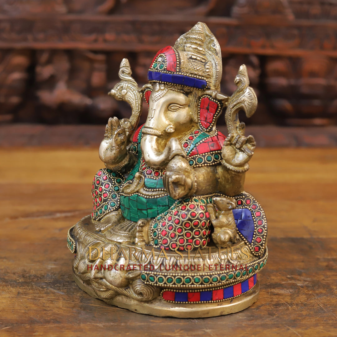 Brass Ganesh Statue, Seated in a Blessing Posture, Golden & Stone work 8.5"