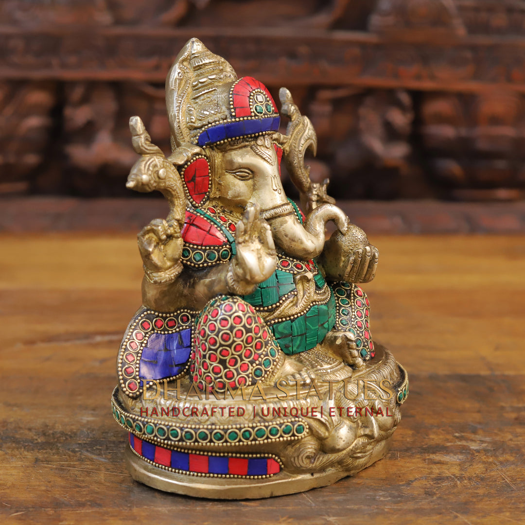 Brass Ganesh Statue, Seated in a Blessing Posture, Golden & Stone work 8.5"