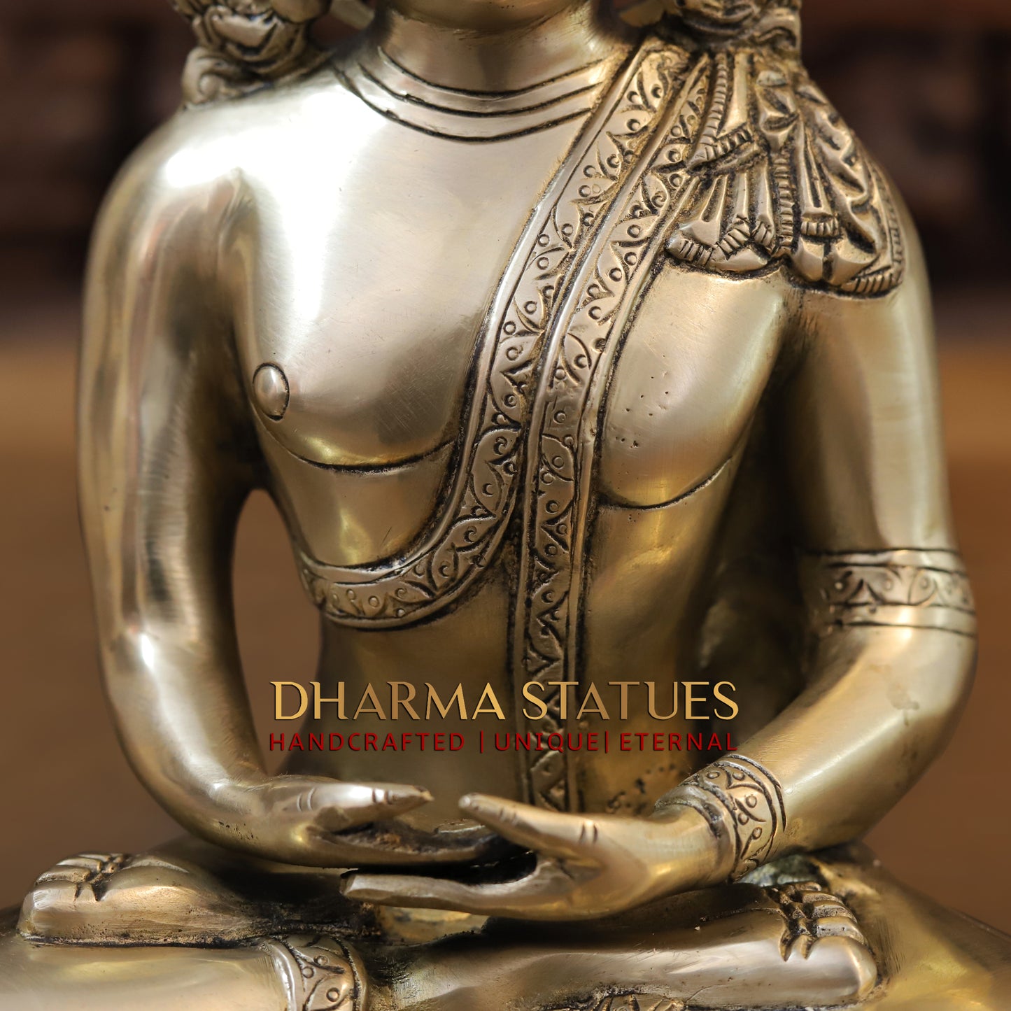 Brass Tibetan Buddha Seated, Golden Finish, 10"