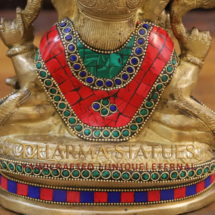 Brass Ganesh Statue, Seated in a Blessing Posture, Golden & Stone work 8.5"