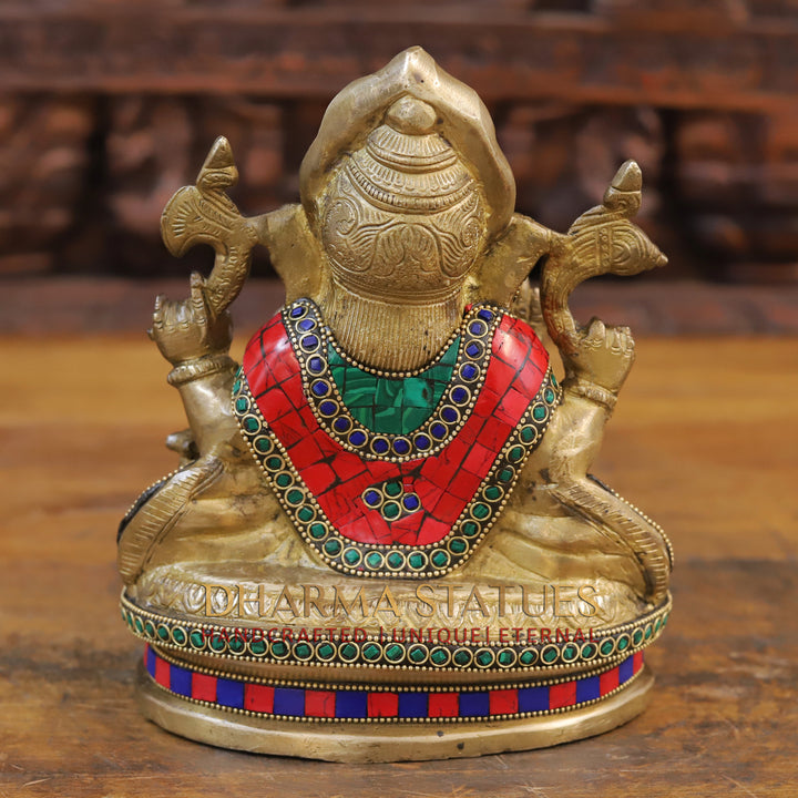 Brass Ganesh Statue, Seated in a Blessing Posture, Golden & Stone work 8.5"