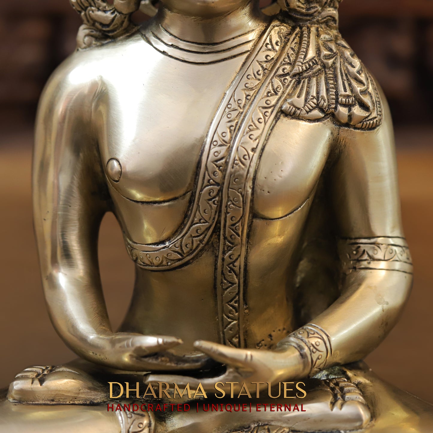 Brass Tibetan Buddha Seated, Golden Finish, 10"
