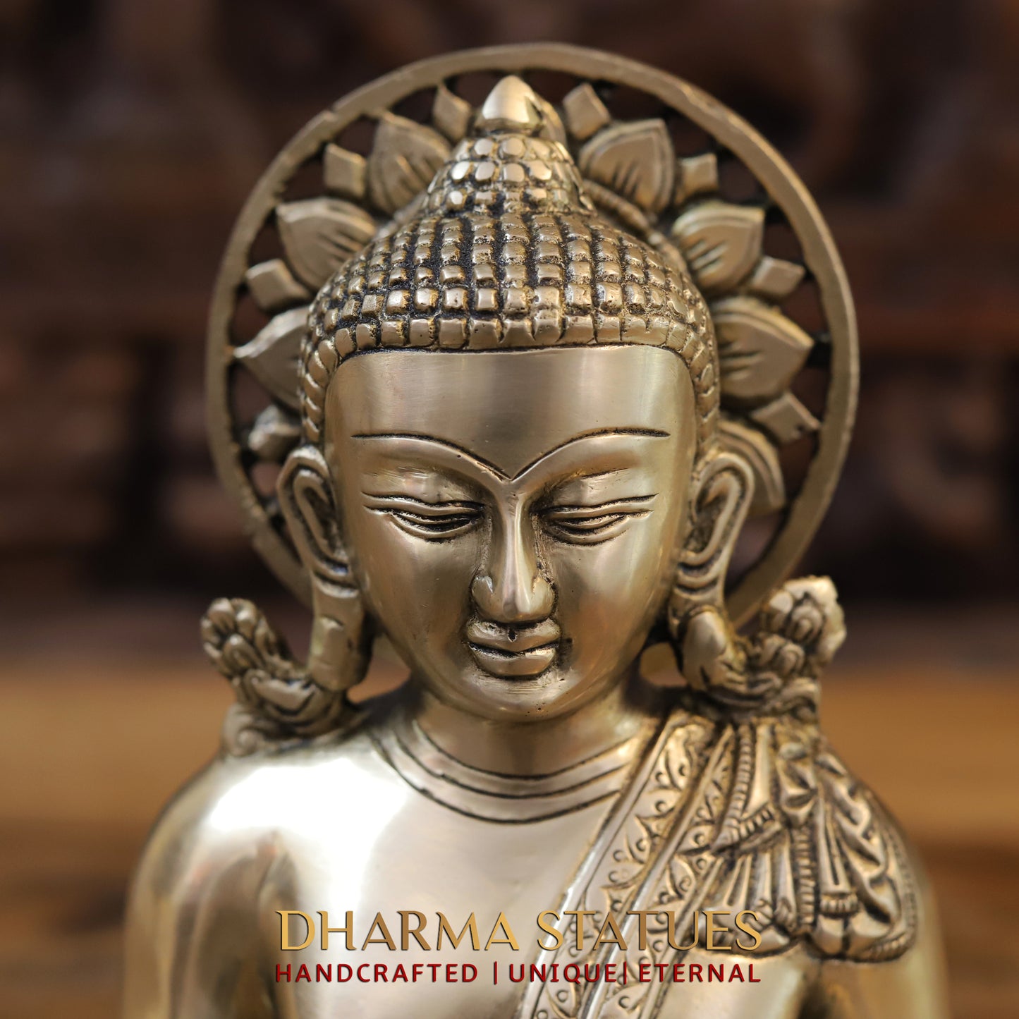 Brass Tibetan Buddha Seated, Golden Finish, 10"