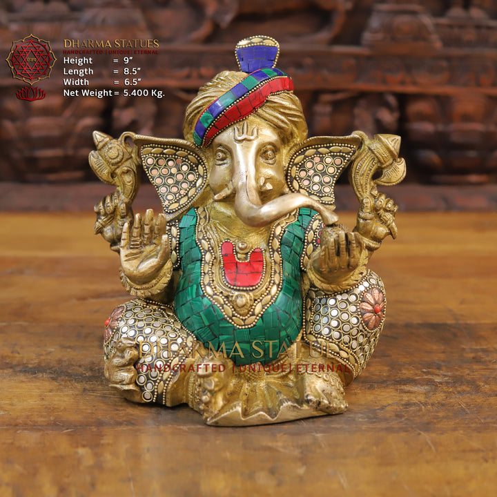 Brass Ganesh Idol, Turban Ganesh, Golden & Stone work 9"