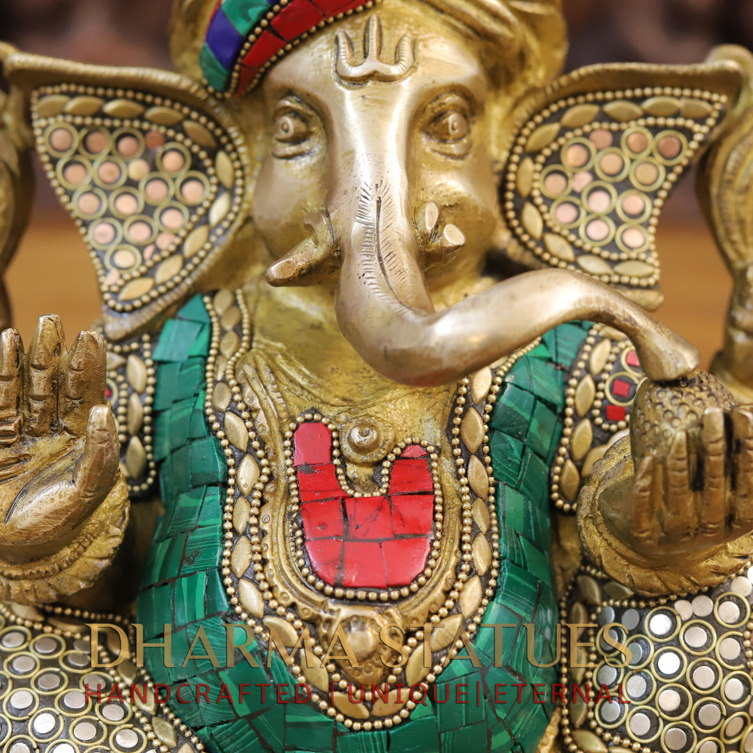 Brass Ganesh Idol, Turban Ganesh, Golden & Stone work 9"