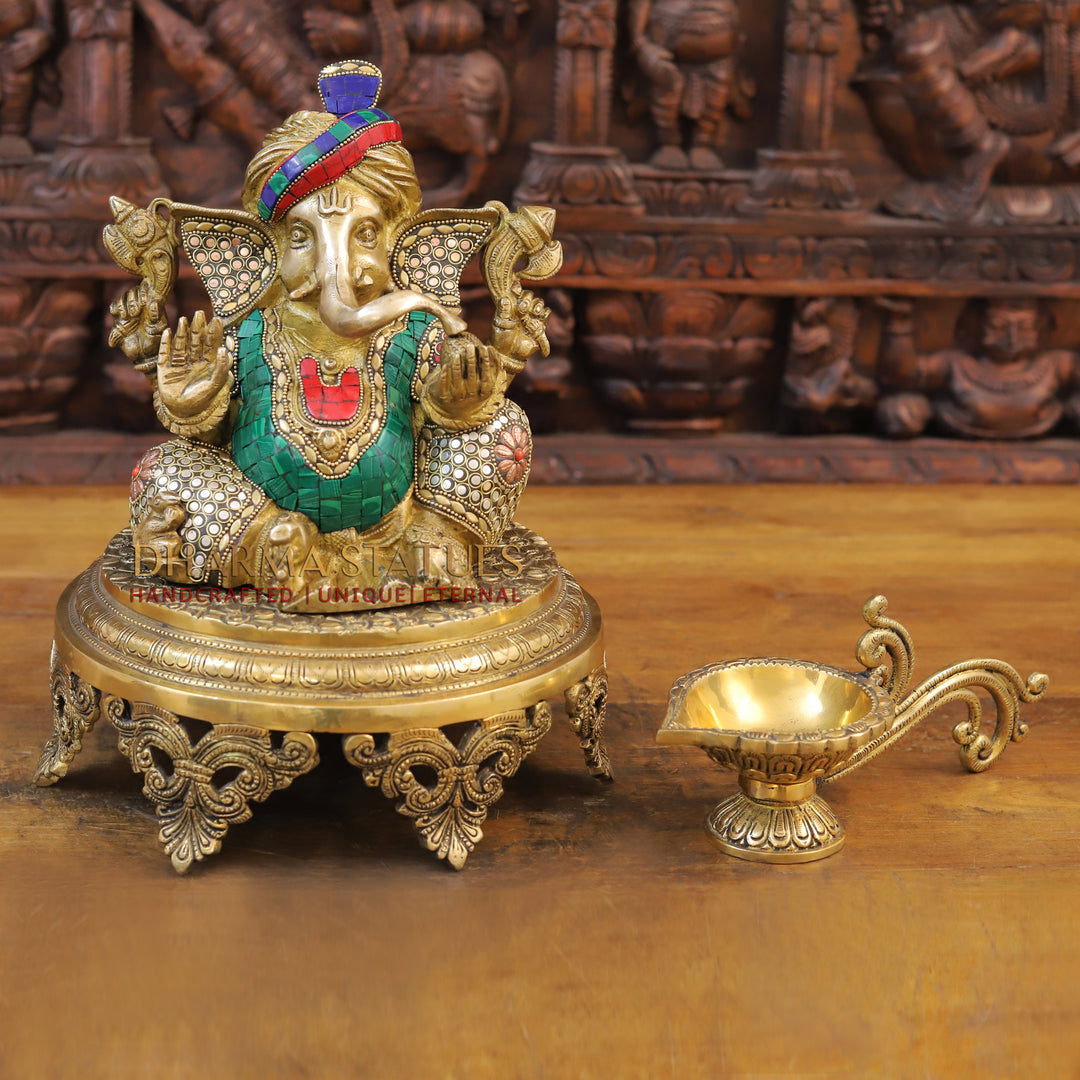 Brass Ganesh Idol, Turban Ganesh, Golden & Stone work 9"