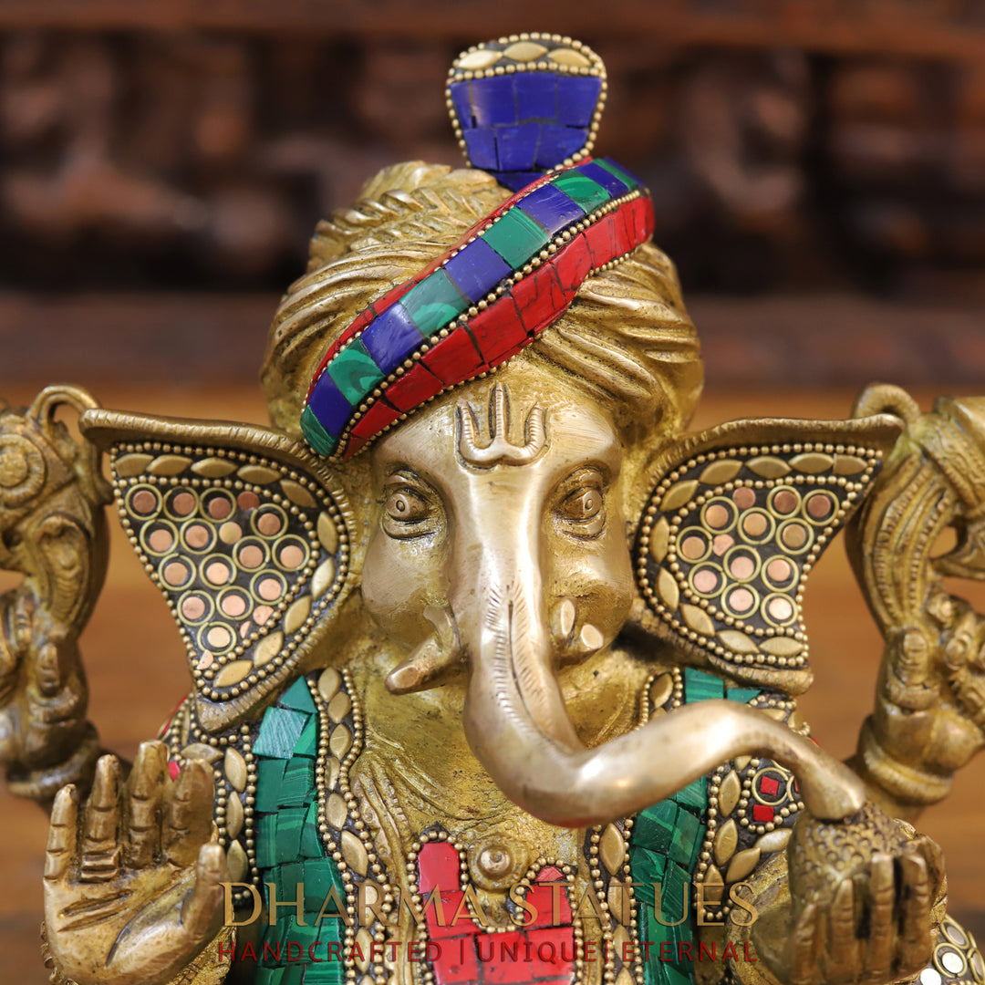 Brass Ganesh Idol, Turban Ganesh, Golden & Stone work 9"