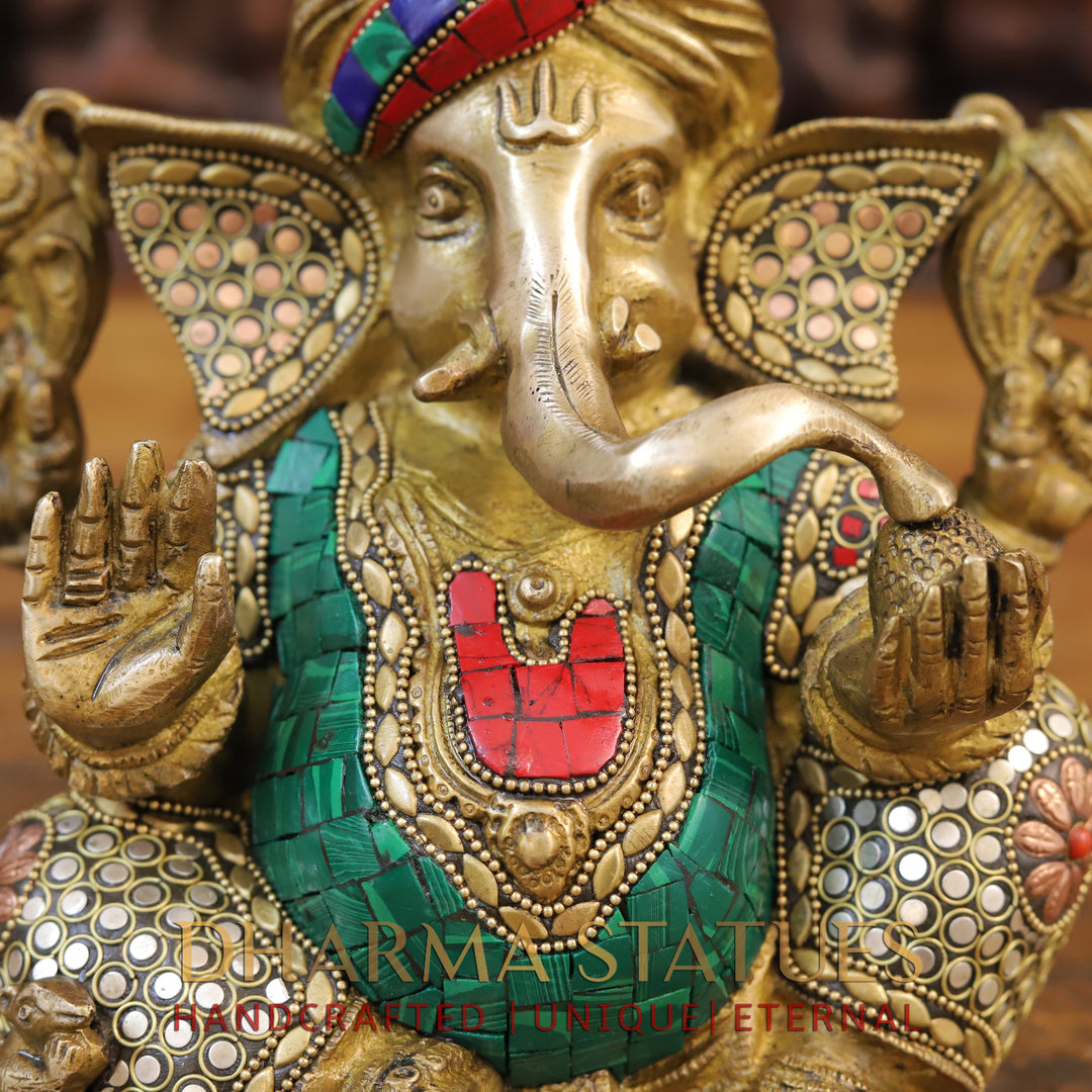 Brass Ganesh Idol, Turban Ganesh, Golden & Stone work 9"