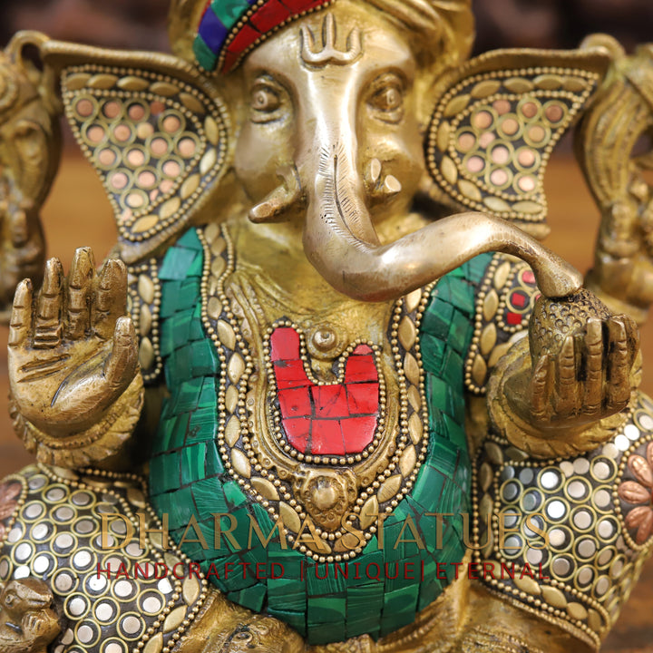 Brass Ganesh Idol, Turban Ganesh, Golden & Stone work 9"