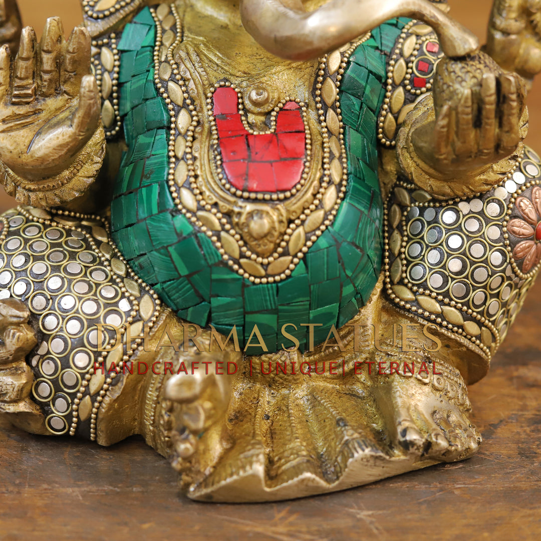 Brass Ganesh Idol, Turban Ganesh, Golden & Stone work 9"