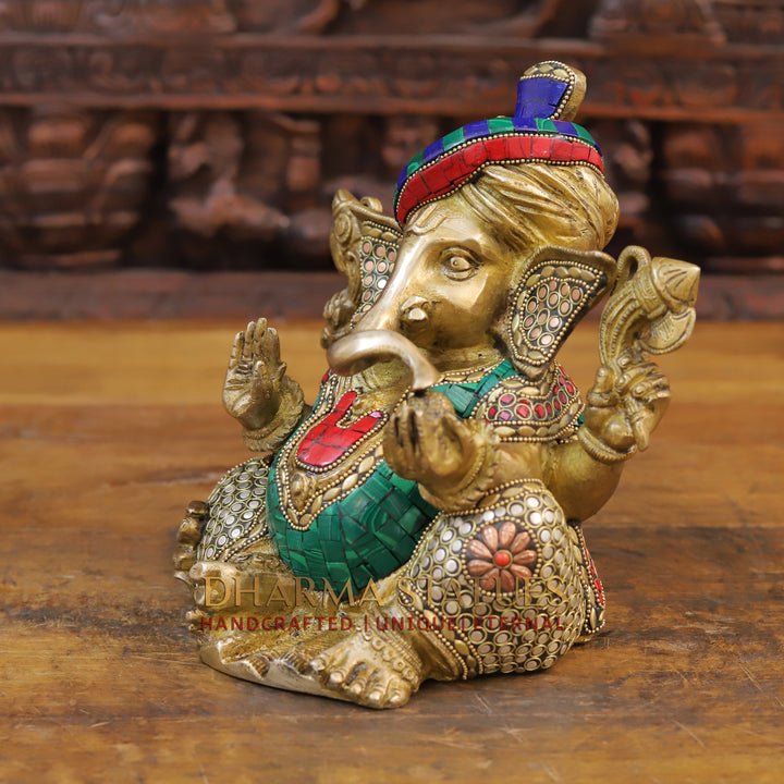 Brass Ganesh Idol, Turban Ganesh, Golden & Stone work 9"