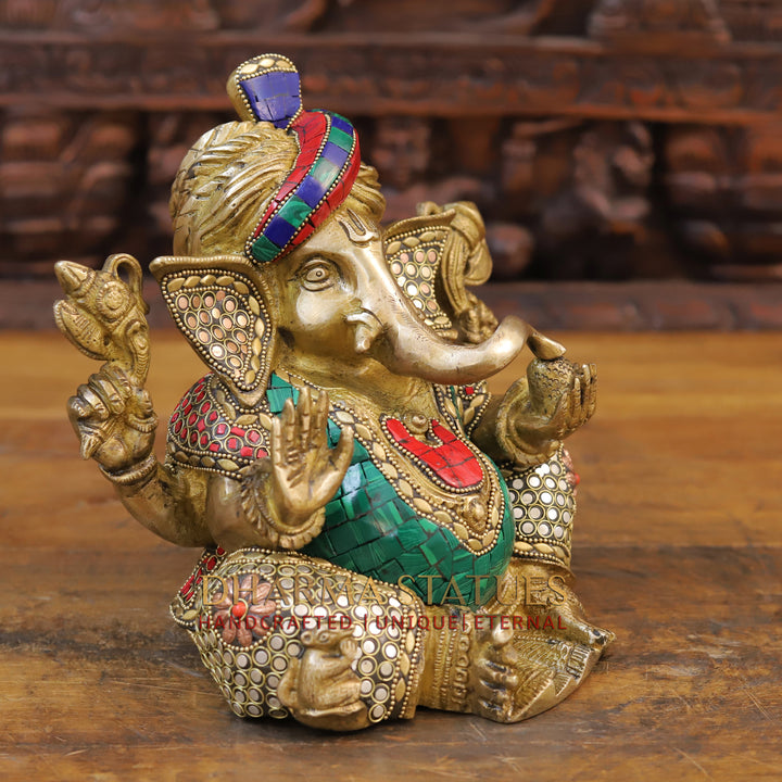 Brass Ganesh Idol, Turban Ganesh, Golden & Stone work 9"