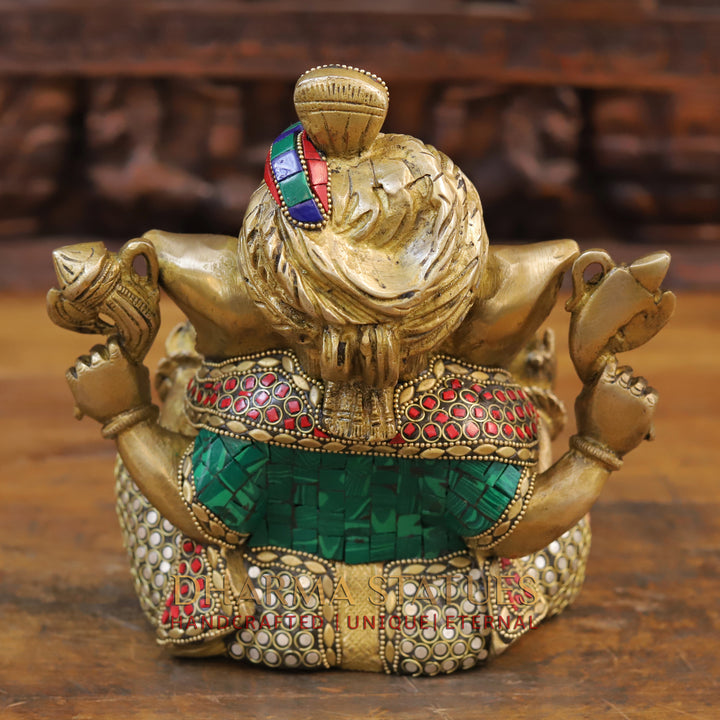 Brass Ganesh Idol, Turban Ganesh, Golden & Stone work 9"