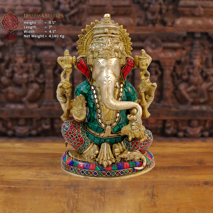 Brass Ganesh Idol, Seated on a Chowki, Golden & Stone Finish 9.5"