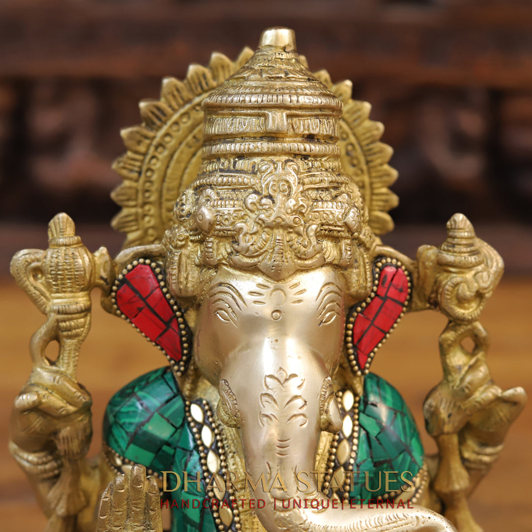 Brass Ganesh Idol, Seated on a Chowki, Golden & Stone Finish 9.5"