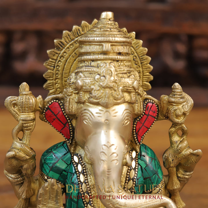 Brass Ganesh Idol, Seated on a Chowki, Golden & Stone Finish 9.5"