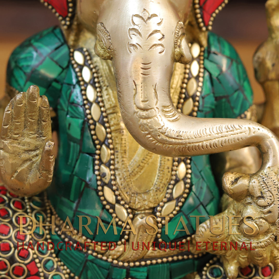 Brass Ganesh Idol, Seated on a Chowki, Golden & Stone Finish 9.5"