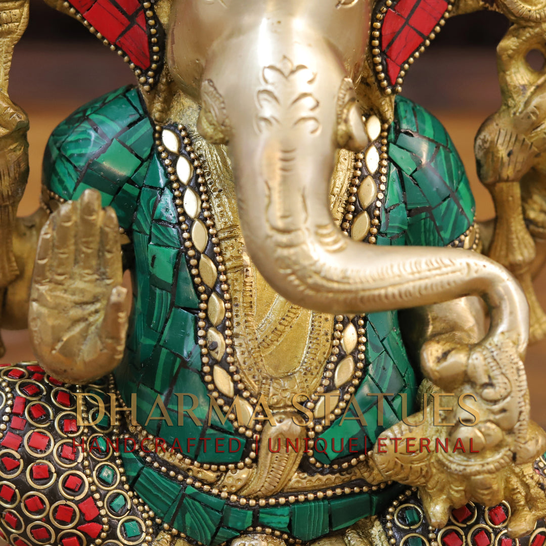 Brass Ganesh Idol, Seated on a Chowki, Golden & Stone Finish 9.5"