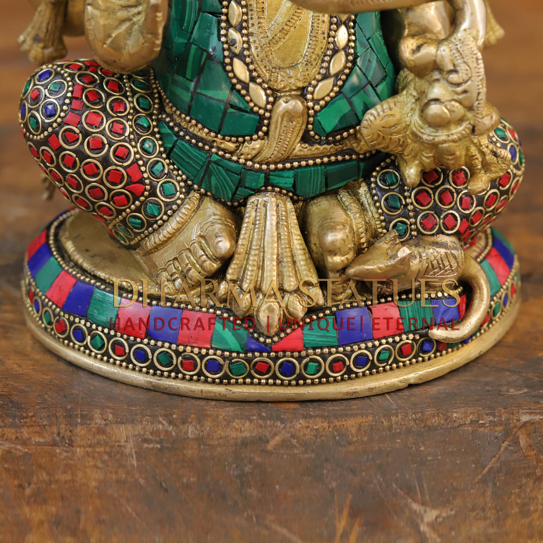 Brass Ganesh Idol, Seated on a Chowki, Golden & Stone Finish 9.5"